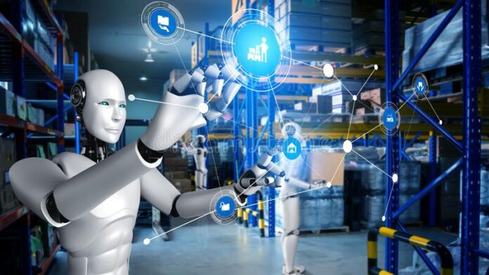robot-industrial-innovador-que-trabaja-en-almacén-para-reemplazo-de-mano-obra-humana-concepto-inteligencia-artificial-la-228665828